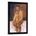 Gerahmtes Bild von Paula Modersohn-Becker Sitzende Mutter mit Kind auf dem Schoß, Kunstdruck im hochwertigen handgefertigten Bilder-Rahmen, 50x70 cm, Schwarz matt