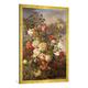 Gerahmtes Bild von Alexandre Debrus "Stilleben mit Rosen vor einer Flußlandschaft", Kunstdruck im hochwertigen handgefertigten Bilder-Rahmen, 70x100 cm, Gold raya