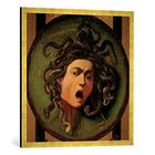 Gerahmtes Bild von Michelangelo Merisi Caravaggio "Medusa, painted on a leather jousting shield, c.1596-98", Kunstdruck im hochwertigen handgefertigten Bilder-Rahmen, 70x70 cm, Gold raya