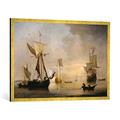 Gerahmtes Bild von Willem van de Velde "Englisches Segelschiff vor Anker und Fischer beim Ausbringen der Netze", Kunstdruck im hochwertigen handgefertigten Bilder-Rahmen, 100x70 cm, Gold raya