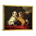 Gerahmtes Bild von European School "Dogs at Play", Kunstdruck im hochwertigen handgefertigten Bilder-Rahmen, 100x70 cm, Gold raya