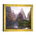 Gerahmtes Bild von Eugene von Guerard "Native figures in a canoe at Milford Sound, West Coast of South Island, New Zealand, also depicted are Mitre Peak and Bowens Fal", Kunstdruck im hochwertigen handgefertigten Bilder-Rahmen, 40x30 cm, Gold raya