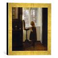 Gerahmtes Bild von Carl Holsoe Kleines Mädchen am Nähtischchen, Kunstdruck im hochwertigen handgefertigten Bilder-Rahmen, 30x30 cm, Gold Raya
