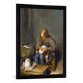 Gerahmtes Bild von Gerard ter BorchEin Knabe floht seinen Hund, Kunstdruck im hochwertigen handgefertigten Bilder-Rahmen, 50x70 cm, Schwarz matt