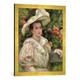 Gerahmtes Bild von Auguste Renoir Junges Mädchen vor Blumen oder Frau mit weißem Hut, Kunstdruck im hochwertigen handgefertigten Bilder-Rahmen, 50x70 cm, Gold Raya