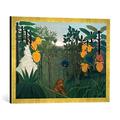 Gerahmtes Bild von Henri RousseauDie Mahlzeit des Löwen, Kunstdruck im hochwertigen handgefertigten Bilder-Rahmen, 70x50 cm, Gold Raya