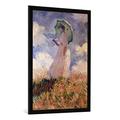 Gerahmtes Bild von Claude Monet "Frau mit Sonnenschirm, nach links gewendet, Suzanne Hoschedé", Kunstdruck im hochwertigen handgefertigten Bilder-Rahmen, 70x100 cm, Schwarz matt