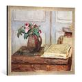 Gerahmtes Bild von Felix Edouard Vuillard Stilleben mit dem Malkasten des Künstlers und einer Vase mit Moosrosen, Kunstdruck im hochwertigen handgefertigten Bilder-Rahmen, 70x50 cm, Silber Raya