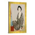 Gerahmtes Bild von Goyo Hashiguchi "Eine Schönheit in einem schwarzen Kimono mit weißem Hanabishi Muster vor einem Spiegel sitzend. Dai oban tate-e", Kunstdruck im hochwertigen handgefertigten Bilder-Rahmen, 40x60 cm, Gold Raya