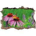 Pixxprint 3D_WD_2480_92x62 pinke Blumen mit Hummeln und Schmetterling Wanddurchbruch 3D Wandtattoo, Vinyl, bunt, 92 x 62 x 0,02 cm