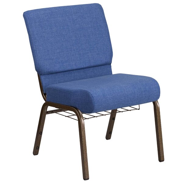 "Flash Furniture FD-CH0221-4-GV-BLUE-BAS-GG Hercules Series Blue 21"" Church Chair with Book Rack and Gold Vein Frame"