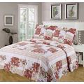 Ambiance Home Double Bed Rosie Bedspread Set, Throw Over & Pillow Shams, Quilted Multi Scalloped Edge, Patchwork Flowers Striped Polka Dot Floral Border, Dusky Pink Lime Moss Green Beige Cream White