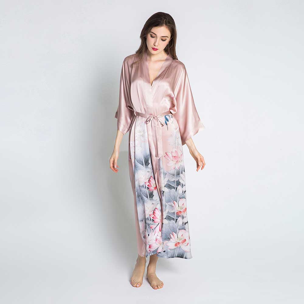 KIM+ONO Kimono Robe | Silk Lotus Long Kimono Robe | Silk | Blush | Long