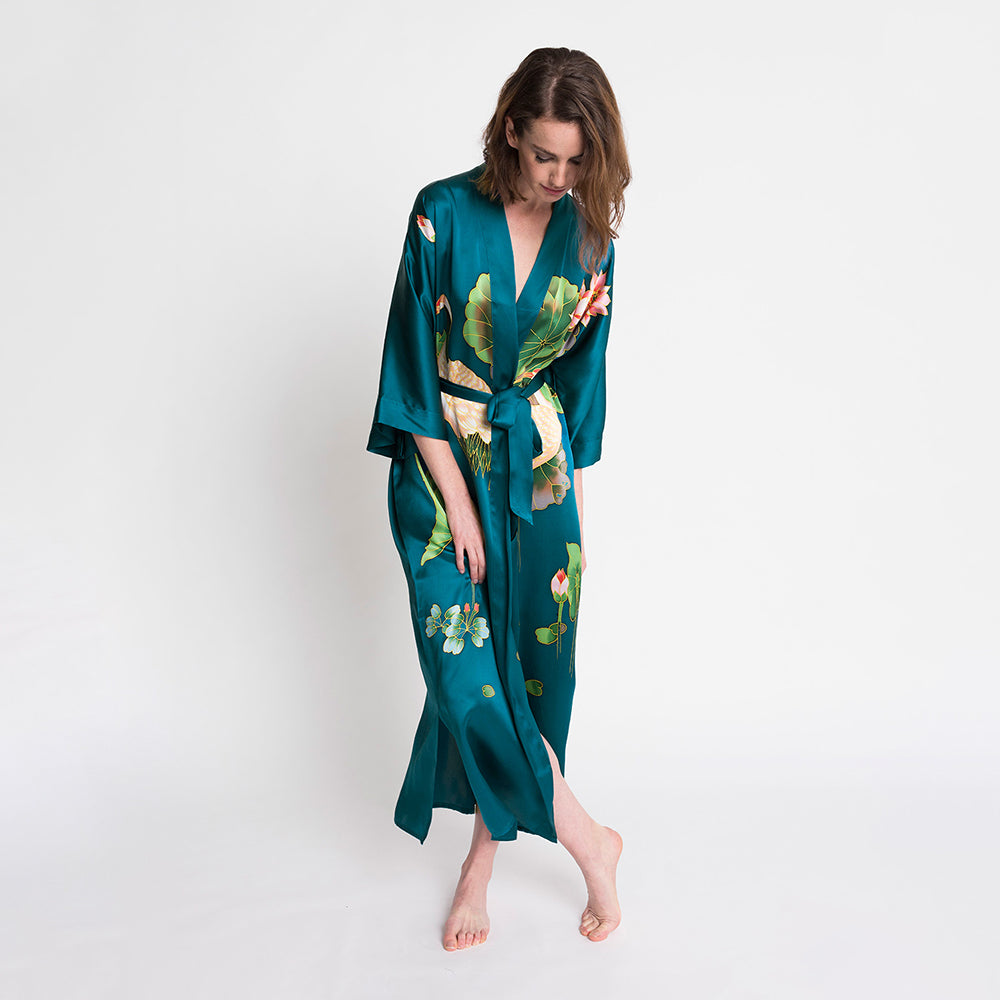 KIM+ONO Kimono Robe | Silk Handpainted Crane Long Kimono Robe | Silk | Teal | Long