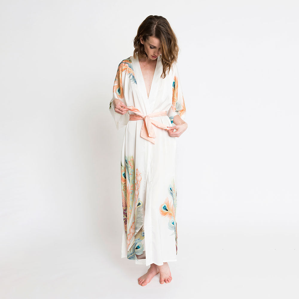 KIM+ONO Kimono Robe | Peacock Feather Long Kimono Robe | Polyester Charmeuse | White | Long