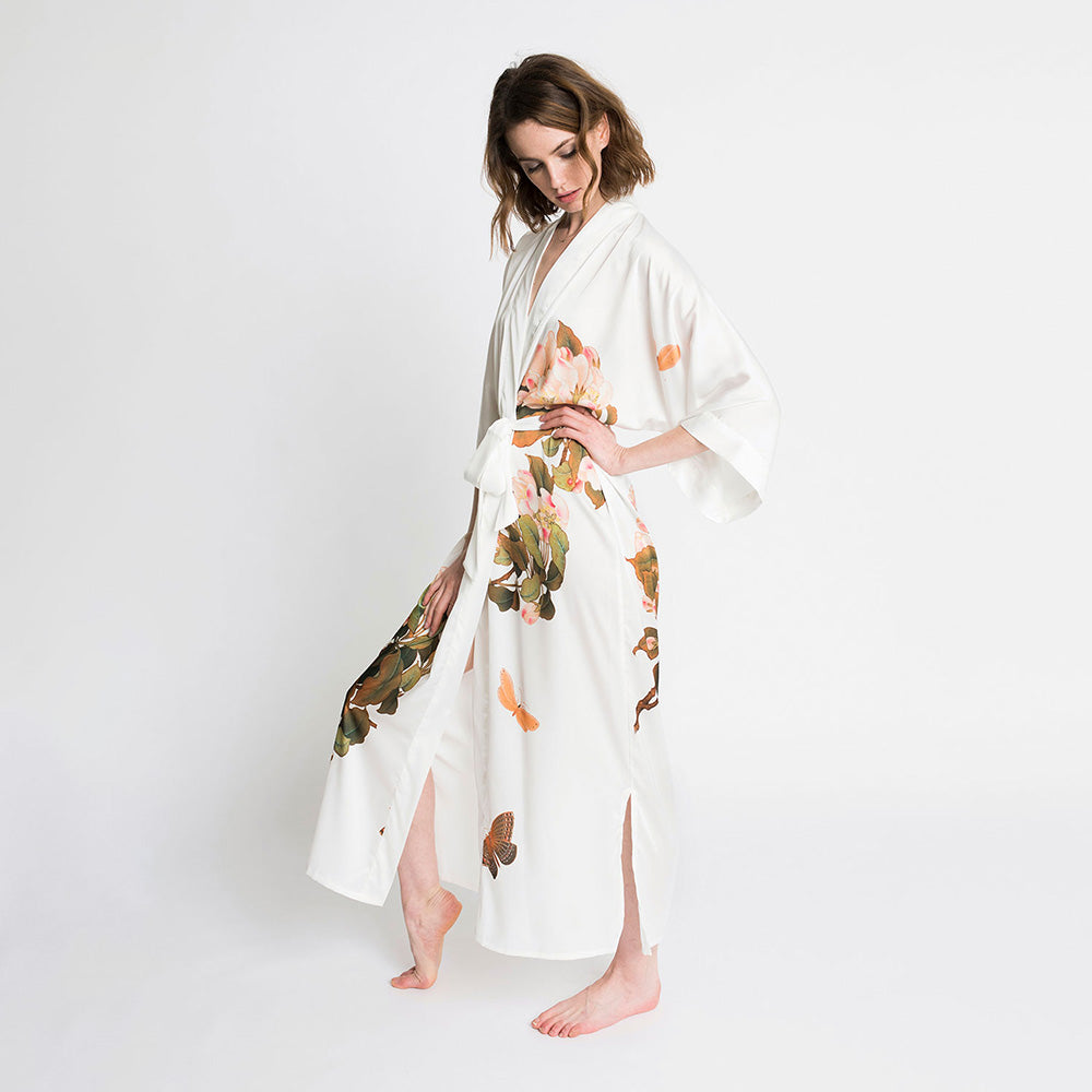 KIM+ONO Kimono Robe | Peony & Butterfly Long Kimono Robe | Polyester Charmeuse | White | Long