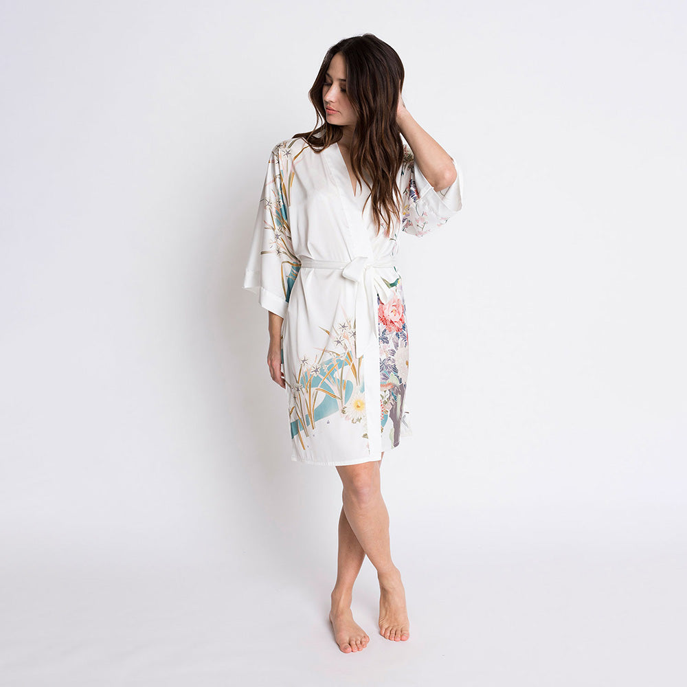 KIM+ONO Kimono Robe | Spring Floral Short Kimono Robe | Polyester Charmeuse | White | Short