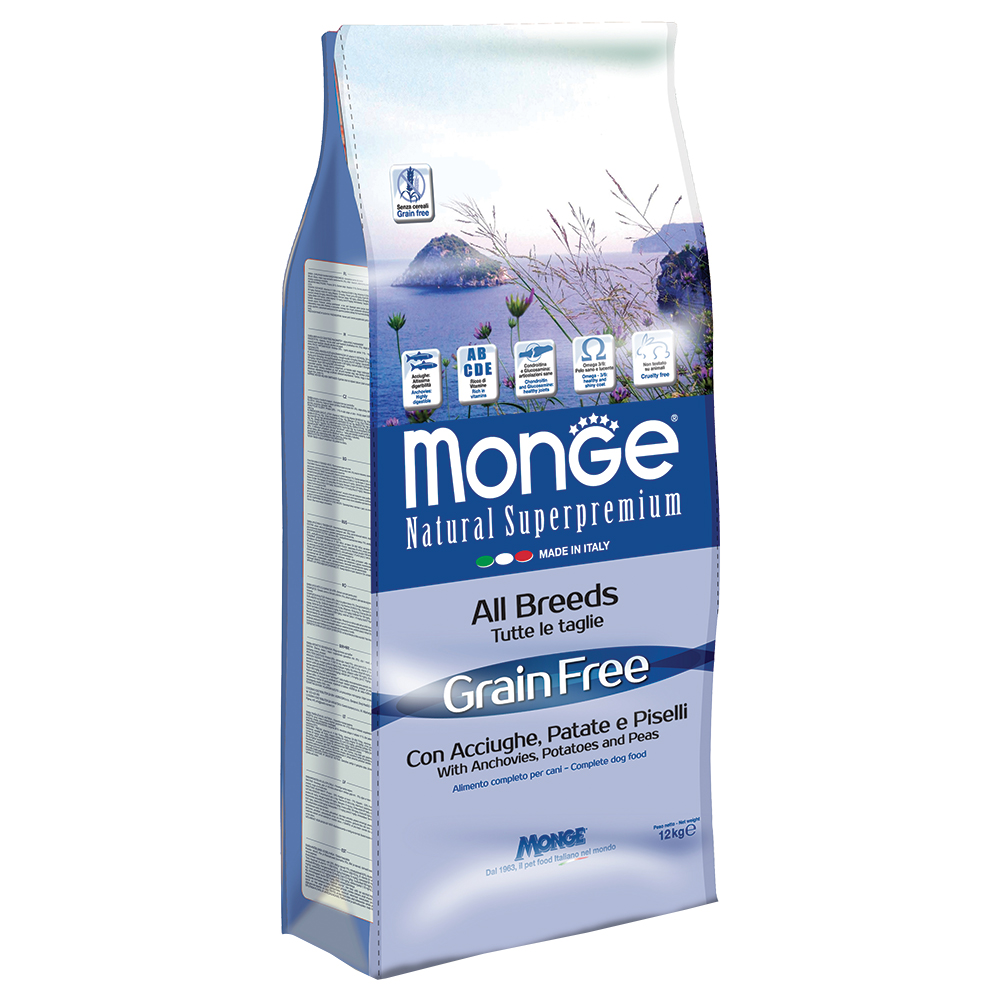 2 x 12 kg Monge Superpremium Crocchette cane - BWild Grain Free All Breeds Acciughe, Patate e Piselli
