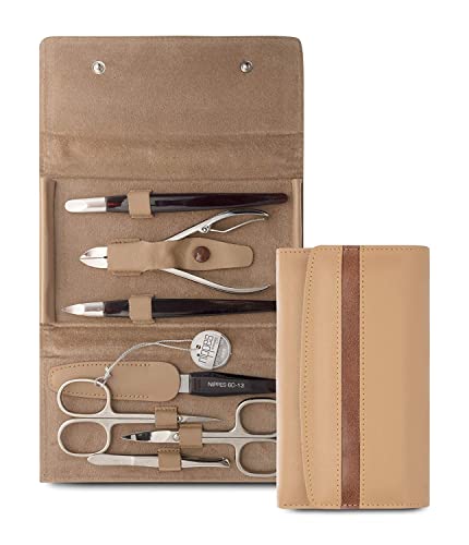 nippes Solingen Premium Line Manicure Set Gap, 7 Pieces, Cowhide Leather Case with Press Closure, Contrast Stripes, Nail Care Set, Pedicure Manicure, Made in Germany