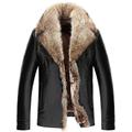 WS668 Mens Winter Leather Warm Coats Luxurious Fur Collar Faux Fur Lining Long Jacket Windproof Parka (UK Medium (Asia Tag XL), Black)