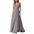 Leader of the Beauty Chiffon A Line Double V Neck Bridesmaid Dress Long Wedding Evening Dress Silver UK 16