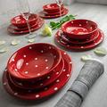 City to Cottage Red and White Handmade Hand Painted Ceramic 12 Piece Tableware Set | Polka Dot Spotty Dinnerware Service for 4 | Dinner Plates | Side Plates | Bowls Crockery Set