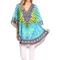 Sakkas P22 - Balloon Top Tallulah Wide Circle Blouse Poncho Top with Tie Neck Enclosure with Bead - 1703-Turquoise/Yellow - OS