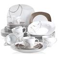 VEWEET 'Nikita' 30-Piece Dinner Set Ivory White Brown Lines Porcelain China Ceramic Combination Sets of Dessert Plates/Soup Plates/Dinner Plates/Cups/Saucers Service for 6