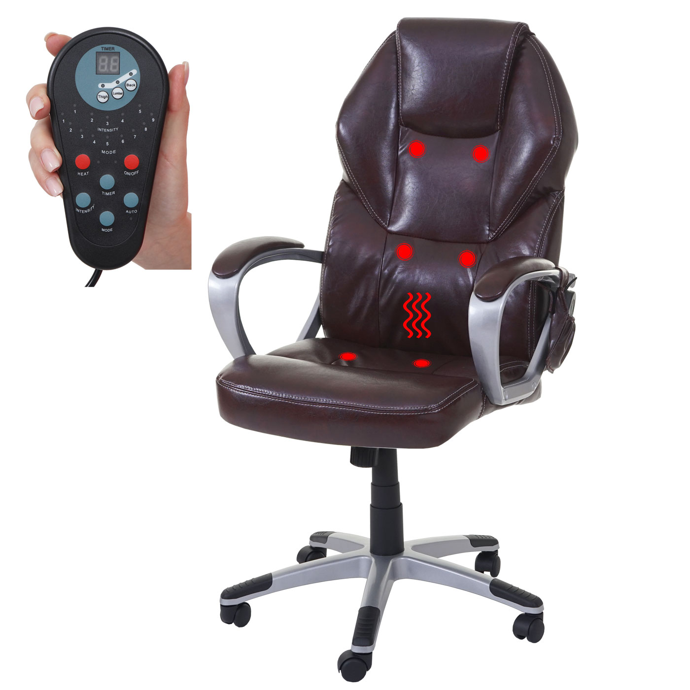 Massage-Bürostuhl HWC-A69, Drehstuhl Chefsessel, Heizfunktion Massagefunktion Kunstleder ~ bordeaux