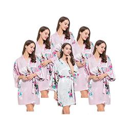 Fete Fabulous Set of 6 Hen Party Getting Ready Robes, OSFM, Wedding Dressing Gowns for Bride/Bridesmaids. 5 Pink & 1 White Satin Peacock Kimono Robes