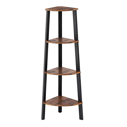 VASAGLE Industrial Corner Shelf, 4-Tier Bookcase, Storage Rack, Plant Stand for Home Office, Wood Look Accent Furniture with Metal Frame, Rustic Brown ULLS34X