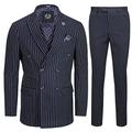 Xposed Mens Navy 3 Piece Double Breasted Chalk Stripe Suit Classic Vintage Tailored Fit [Chest UK 46 EU 56,Trouser 40",Navy Blue]