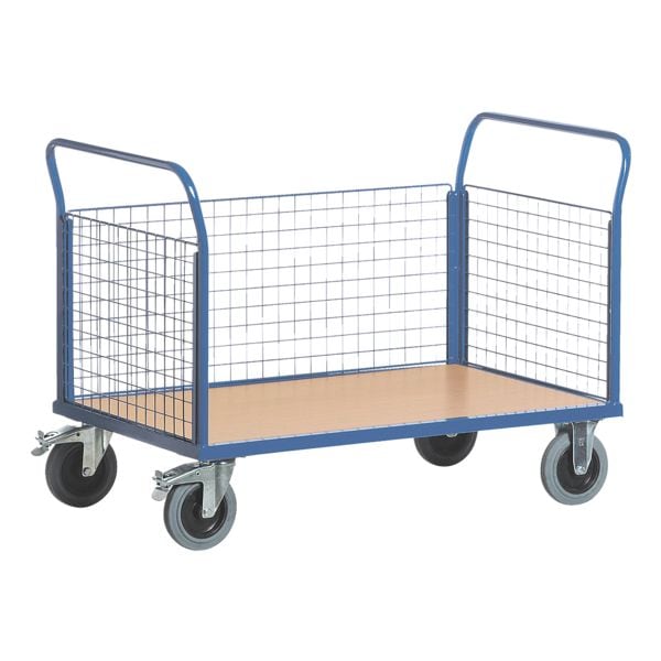 ROLLCART Gitter-Dreiwandwagen 100x68 cm Holz-Ladefläche blau, 117x99x70 cm Image