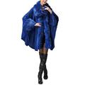 PLAER Women's Faux Fox Fur Trim Cape Wool Blend Cloak Winter Warm Coat Plus Size (Navy Blue)