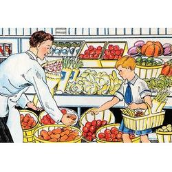 Buyenlarge 'Shopping for Vegetables' by Julia Letheld Hahn Painting Print in Blue/Green/Red | 44 H x 66 W x 1.5 D in | Wayfair 0-587-27497-2C4466