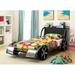 Hokku Designs Twin Car Bed w/ Bookcase Upholstered/Metal | 34.5 H x 47.25 W x 94.5 D in | Wayfair 2F8F41E4CCB94B3ABAECE02AD10BF531