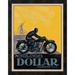 Global Gallery 'Motos & Cycles Dollar' by Vaillant Framed Vintage Advertisement Canvas in Black/Yellow | 24 H x 18.75 W x 1.5 D in | Wayfair