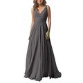 Leader of the Beauty Chiffon A Line Double V Neck Bridesmaid Dress Long Wedding Evening Dress Grey UK 12