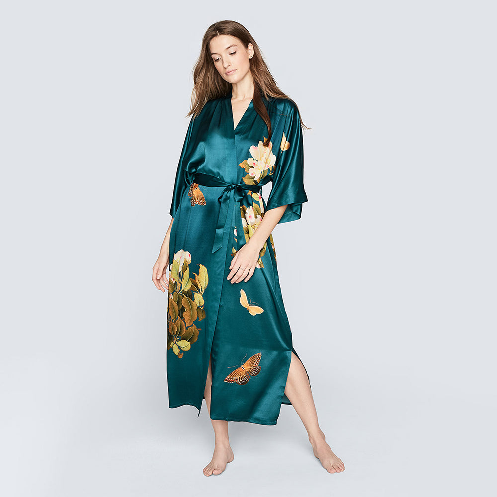 KIM+ONO Kimono Robe | Washable Silk Peony & Butterfly Long Kimono Robe | Washable Silk | Vintage Teal | Long