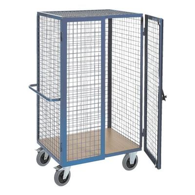 ROLLCART Gitter-Schrankwagen mit Zylinderschloss 98x70 cm Holz-Ladefläche blau, 115x180x72 cm