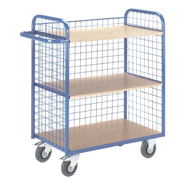 ROLLCART Etagenwagen mit 3 Gitterwänden 80x49 cm Holz-Ladefläche blau, 98x107x50 cm Image