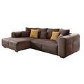 Cavadore Ecksofa Mavericco / Polster Eck-Couch mit Kissen / In Antik-Leder-Optik mit nussbaumfarbenen Holzfüßen / Longchair links / Größe: 285 x 69 x 170 (BxHxT) / Mikrofaser Braun