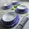 City to Cottage Navy Blue Striped Handmade Hand Painted Ceramic 12 Piece Tableware Set | Navy Blue Striped Dinnerware Service for 4 | Dinner Plates | Side Plates | Bowls Crockery Set