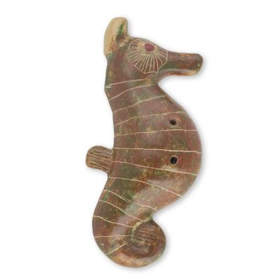 Ceramic ocarina, 'Green Beige Seahorse'