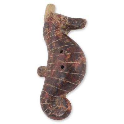 Ceramic ocarina, 'Red Beige Seahorse'