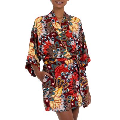Brush Feathers,'Multicolored Floral Rayon Robe in Hot Colors from Bali'