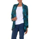 Kenanga,'Long Sleeve Women's Rayon Jacket with Teal Floral Print'