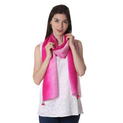 Fuchsia Glamour,'Tie Dye 100% Silk Scarf in Fuchsia and Pale Grey from India'