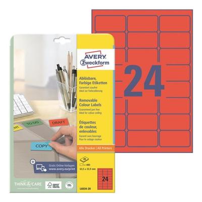Avery Zweckform Wiederablösbare Farbige Etiketten 63.5 x 33.9 mm 480 Stück rot Image