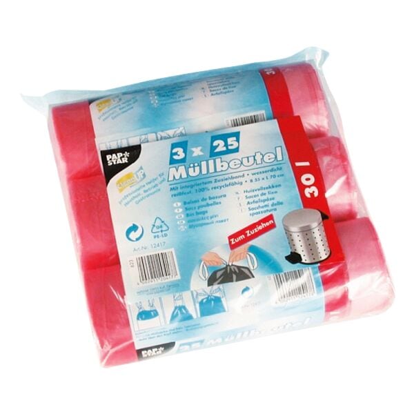 Papstar 75 (3 Rollen à 25 Stück) Müllsäcke mit Zugband 30 L rot rot, 53x62 cm